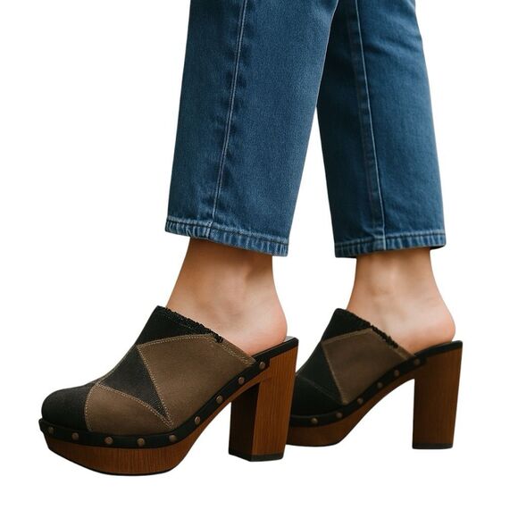 Nine West Patchwork Leather Suede Studded Clogs Platform Heel Shoes Size 6 - Picture 1 of 7